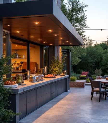 Kuchnia zewnętrzna na tarasie z ziołowym ogrodem wertykalnym